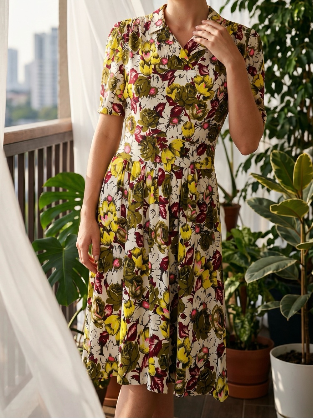 Vintage 1940’s Yellow Multi-Color Floral Print Tea Dress Sundress Sz XS